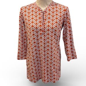 J. McLaughlin Orange White Blue Printed Tunic Henley Top Size Medium geometric